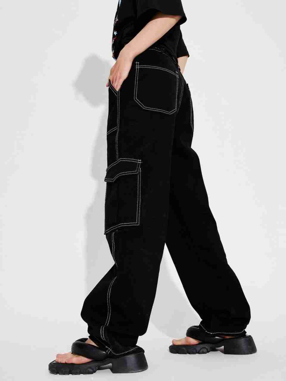 Bellbottom White Dhaga Comfort Pants - Denim Fabric, Non-Stretchable, Stylish White Dhaga Pattern, Comfortable Fit, Ideal for Casual Wear