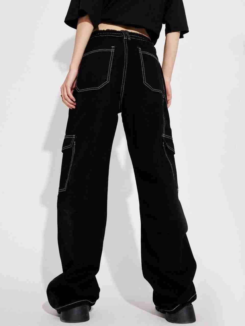 Bellbottom White Dhaga Comfort Pants - Denim Fabric, Non-Stretchable, Stylish White Dhaga Pattern, Comfortable Fit, Ideal for Casual Wear