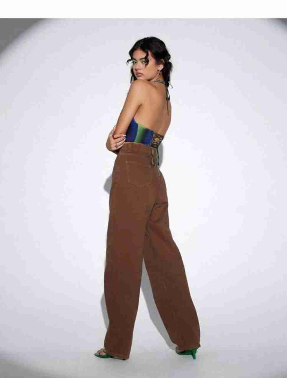 Brown Wide Pattern Denim Joggers – Non-Stretchable, 36-Inch Length, Comfortable & Stylish, Perfect for Casual Wear