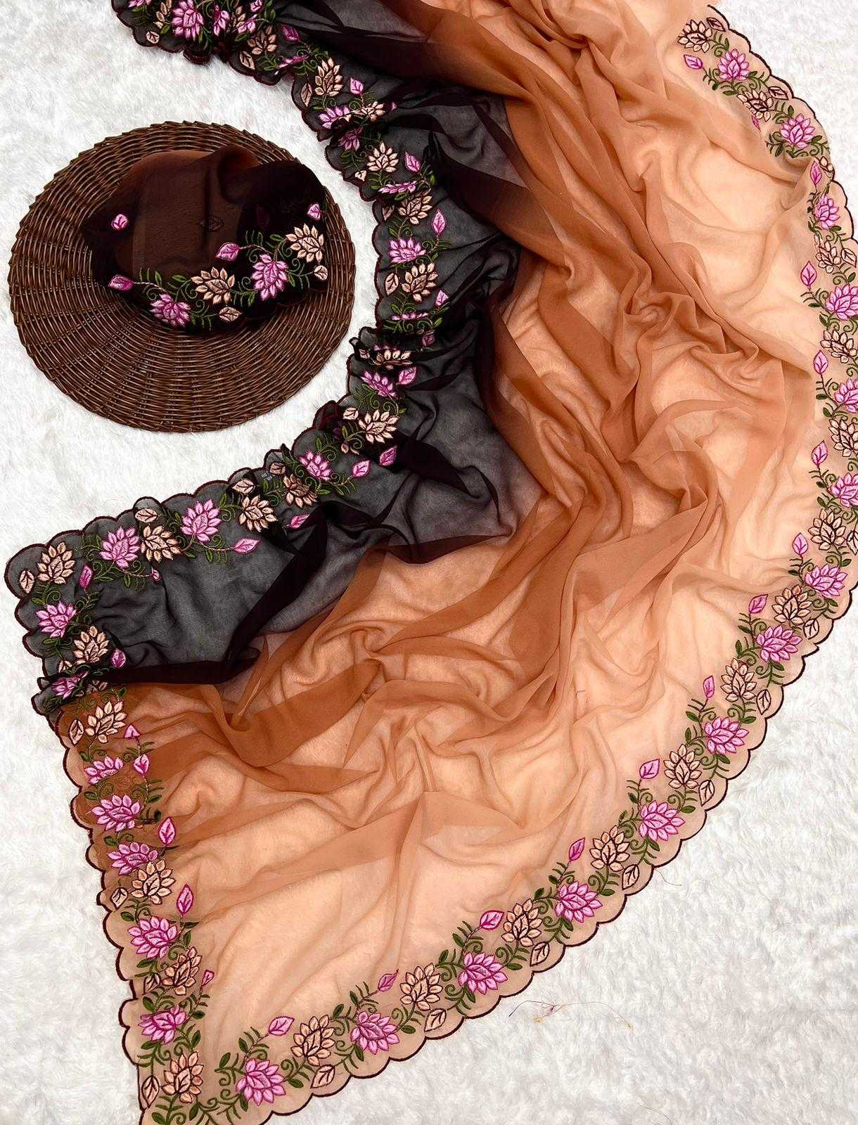 Pure Georgette Peding Saree with Fancy Embroidery Work, Cutwork Border & Pallu, Paired with an Embroidered Blouse - Elegant & Stylish