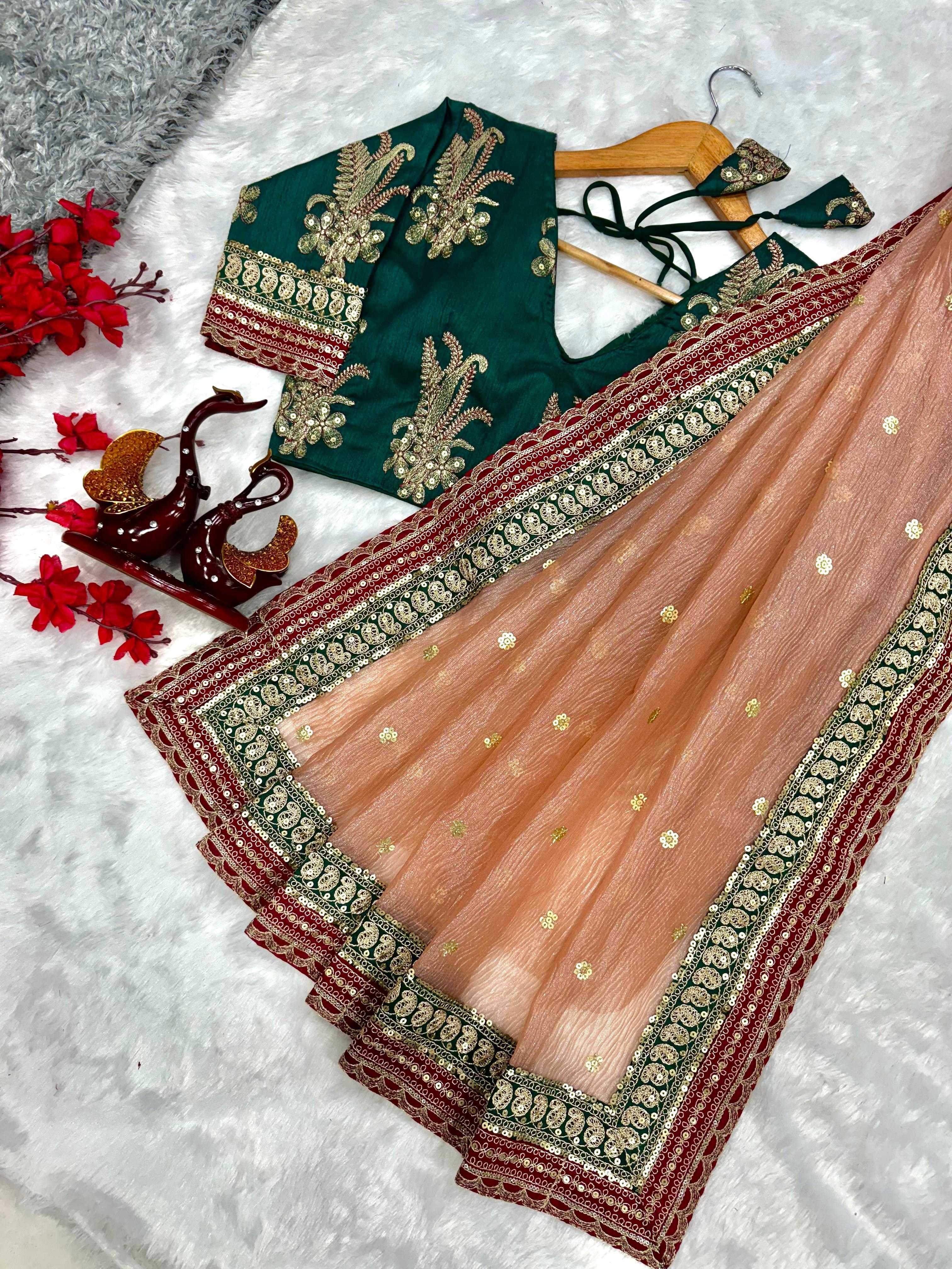 Banarasi Crush Saree Fabric with Sequins & Cording Embroidery Lace Border, Unstitched Blouse with Sequins & Lace Border