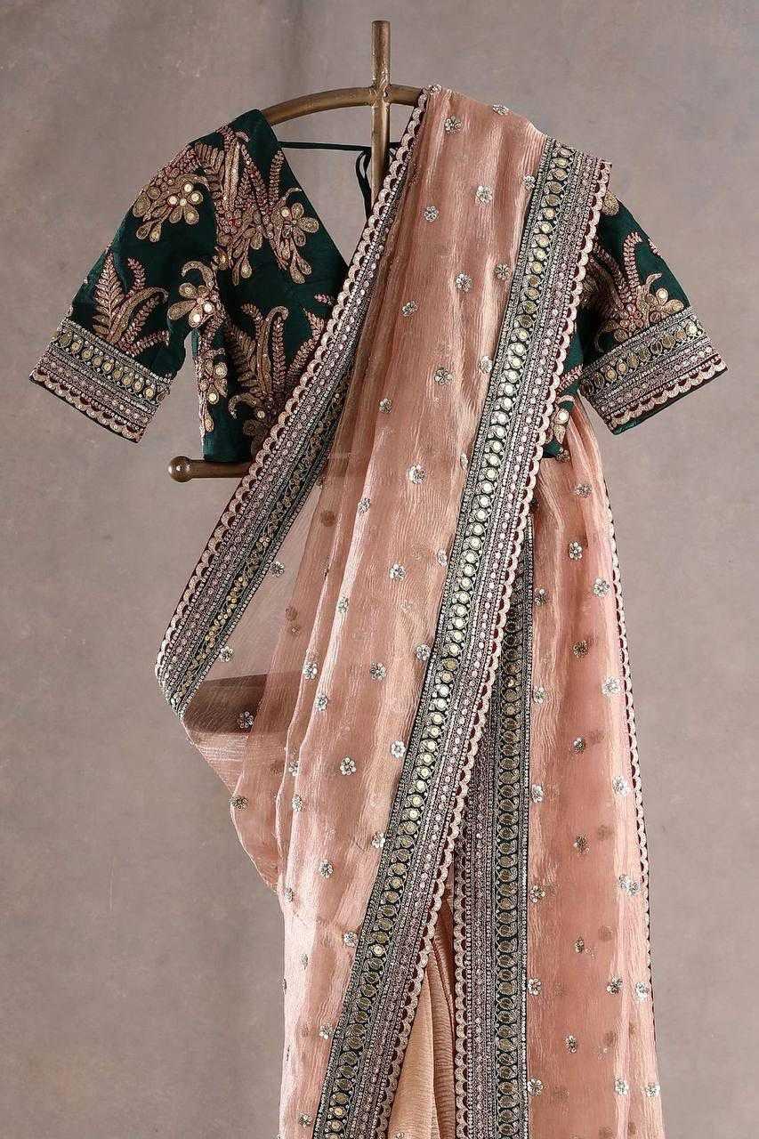 Banarasi Crush Saree Fabric with Sequins & Cording Embroidery Lace Border, Unstitched Blouse with Sequins & Lace Border