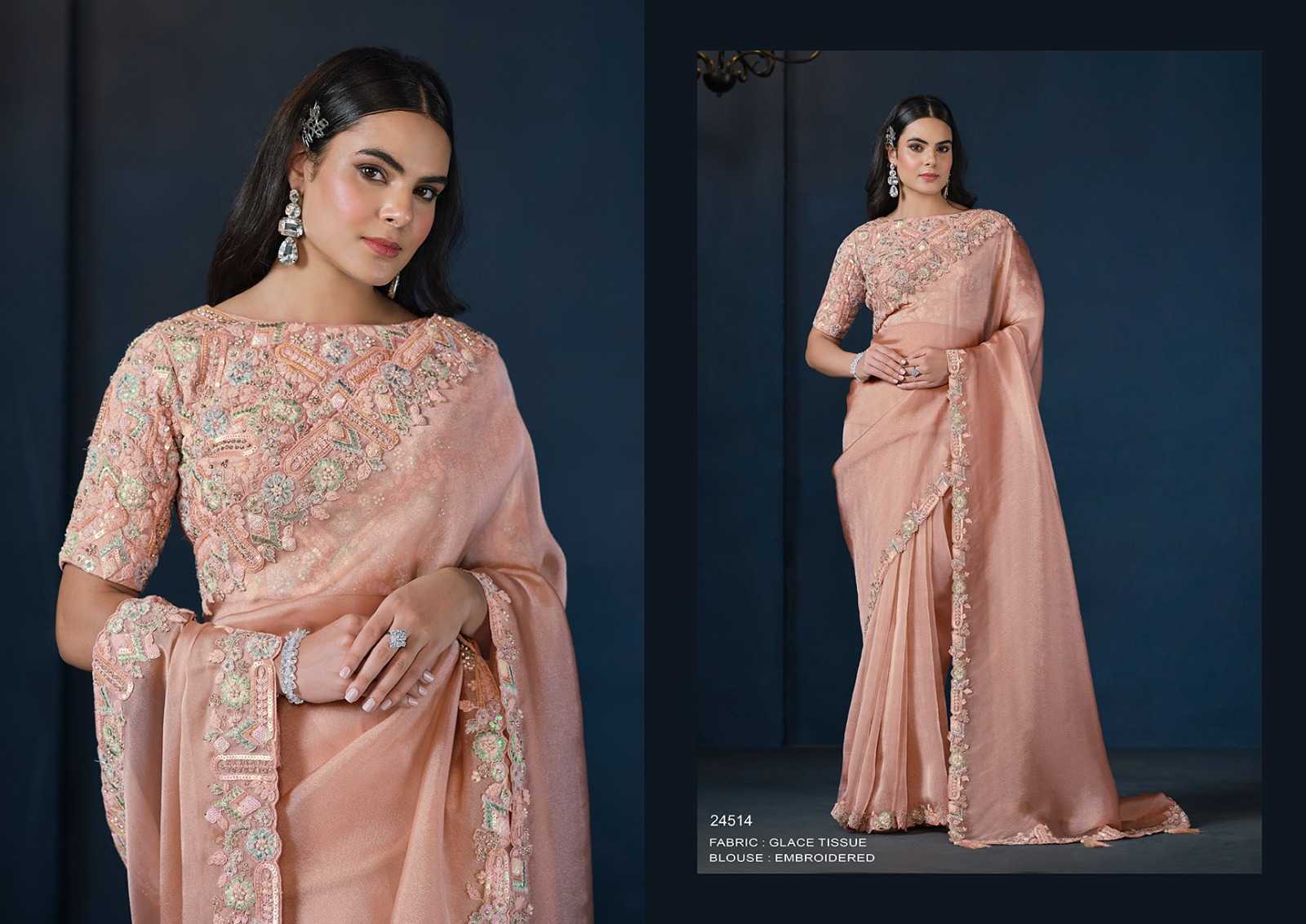 Glace Tissue Saree with Full Embroidery & Unstitched Blouse - Elegant, Lightweight, Perfect for Weddings & Parties