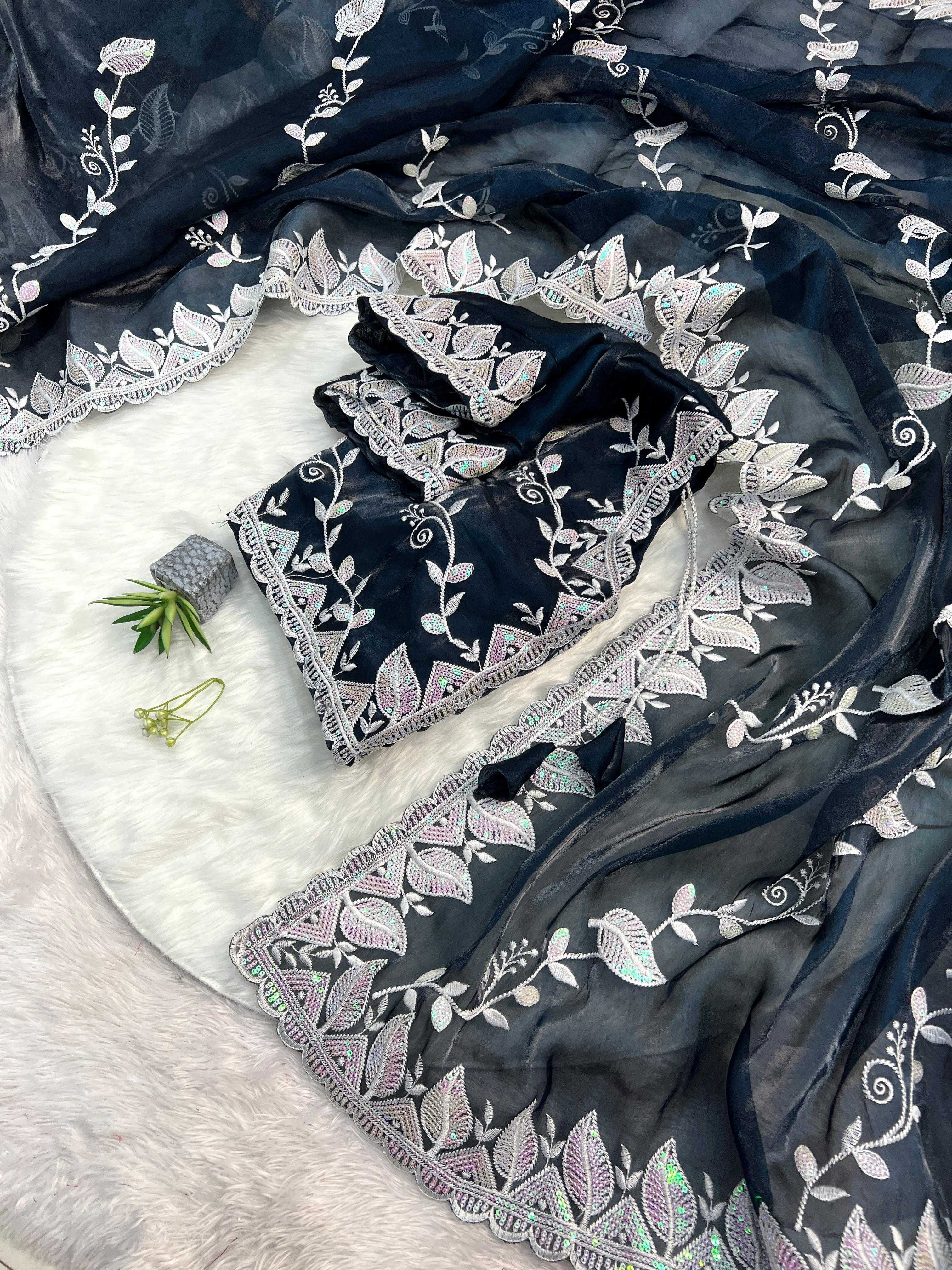 Fancy Jimmy Choo Silk Saree - Soft & Elegant with Heavy Embroidery, 3mm Sequence Work, Multiwork Border & Designer Blouse