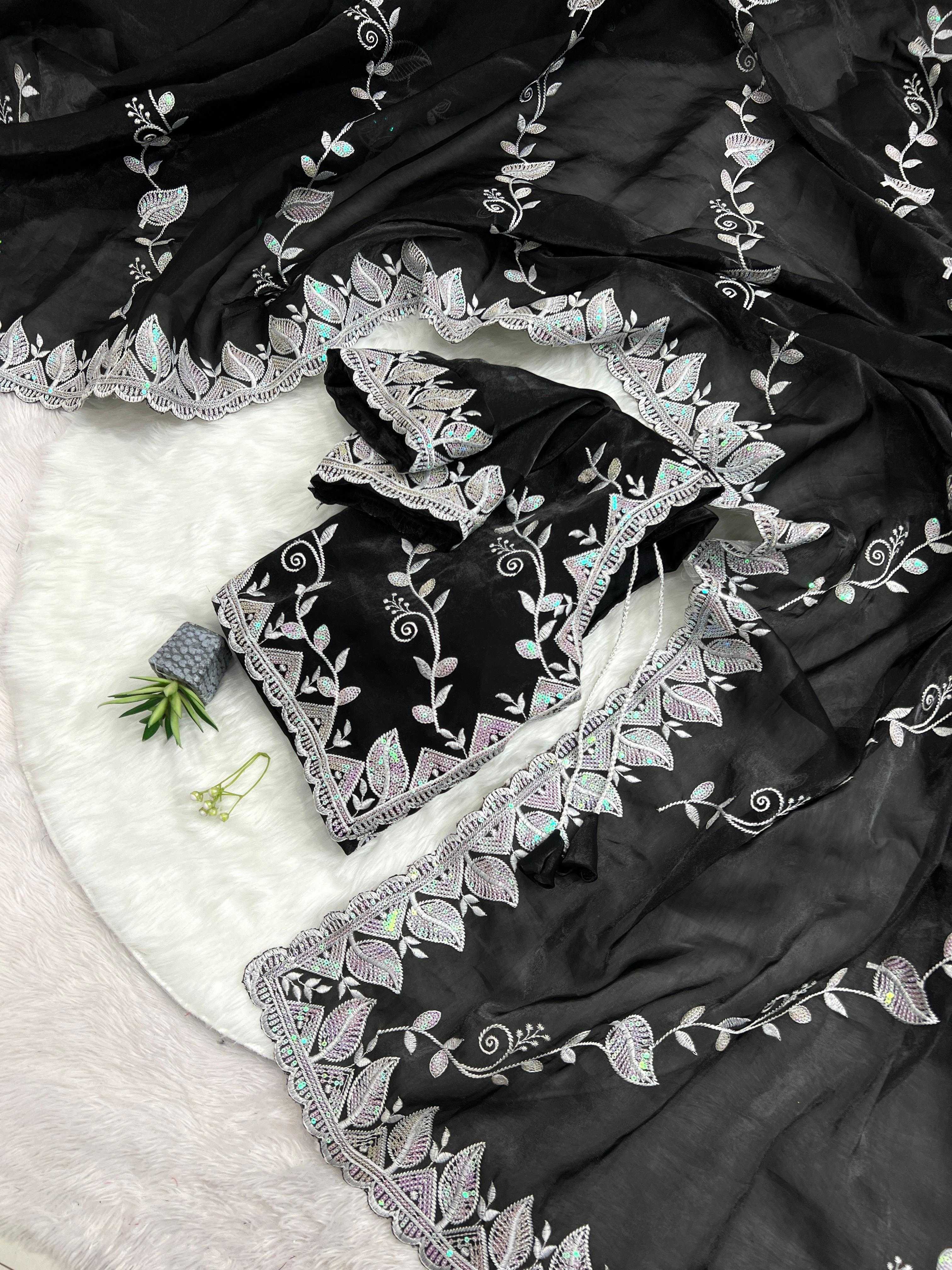 Fancy Jimmy Choo Silk Saree - Soft & Elegant with Heavy Embroidery, 3mm Sequence Work, Multiwork Border & Designer Blouse