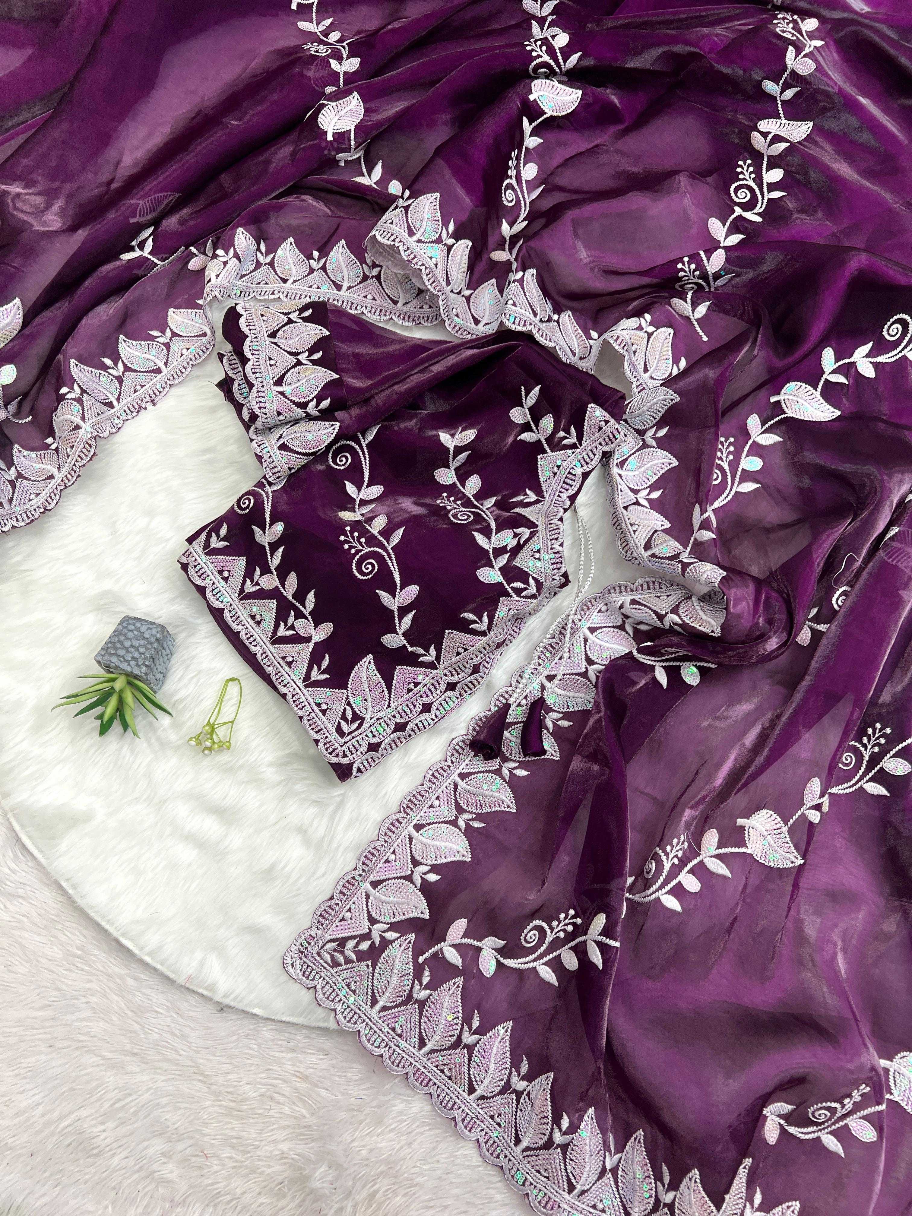Fancy Jimmy Choo Silk Saree - Soft & Elegant with Heavy Embroidery, 3mm Sequence Work, Multiwork Border & Designer Blouse