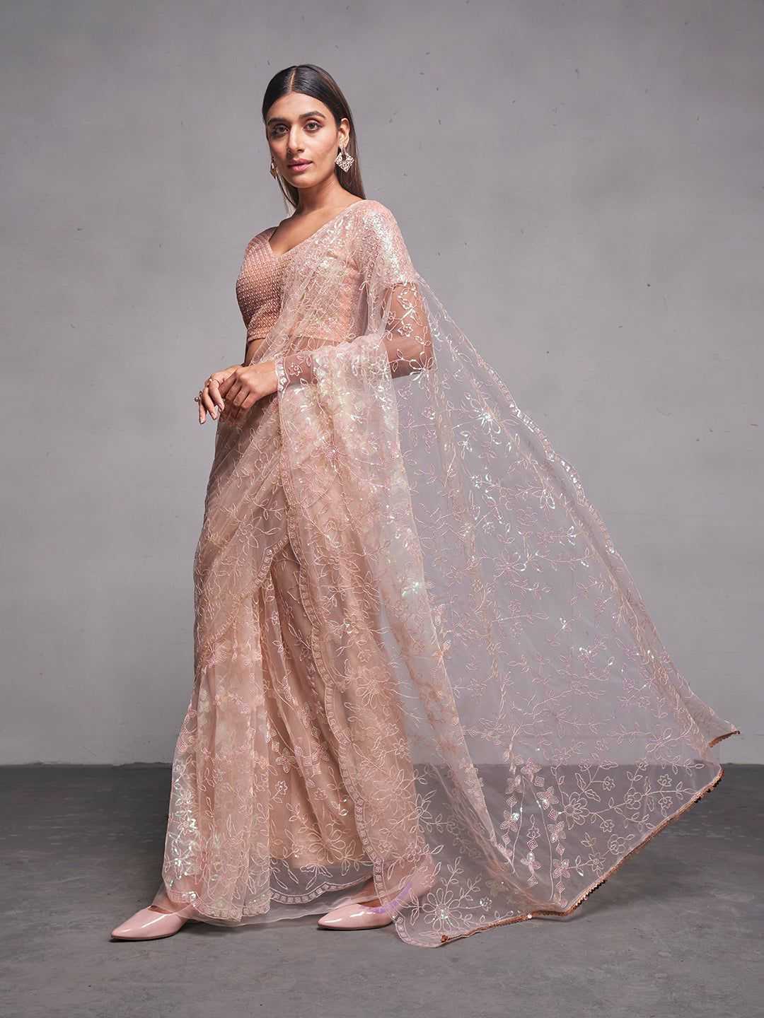 Soft Net Saree with Sequins Embroidery Work & Matching Blouse - Elegant Party Wear Saree for Women, Perfect for Festive & Wedding