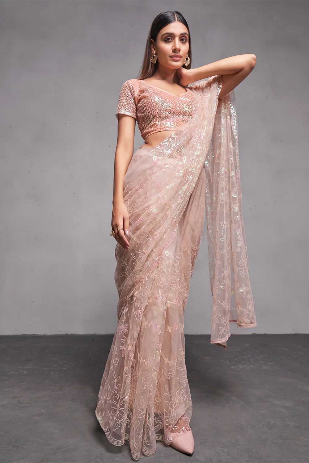 Soft Net Saree with Sequins Embroidery Work & Matching Blouse - Elegant Party Wear Saree for Women, Perfect for Festive & Wedding