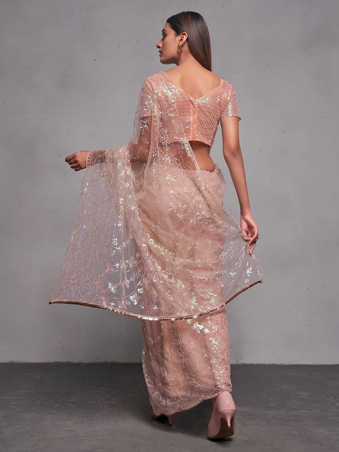 Soft Net Saree with Sequins Embroidery Work & Matching Blouse - Elegant Party Wear Saree for Women, Perfect for Festive & Wedding