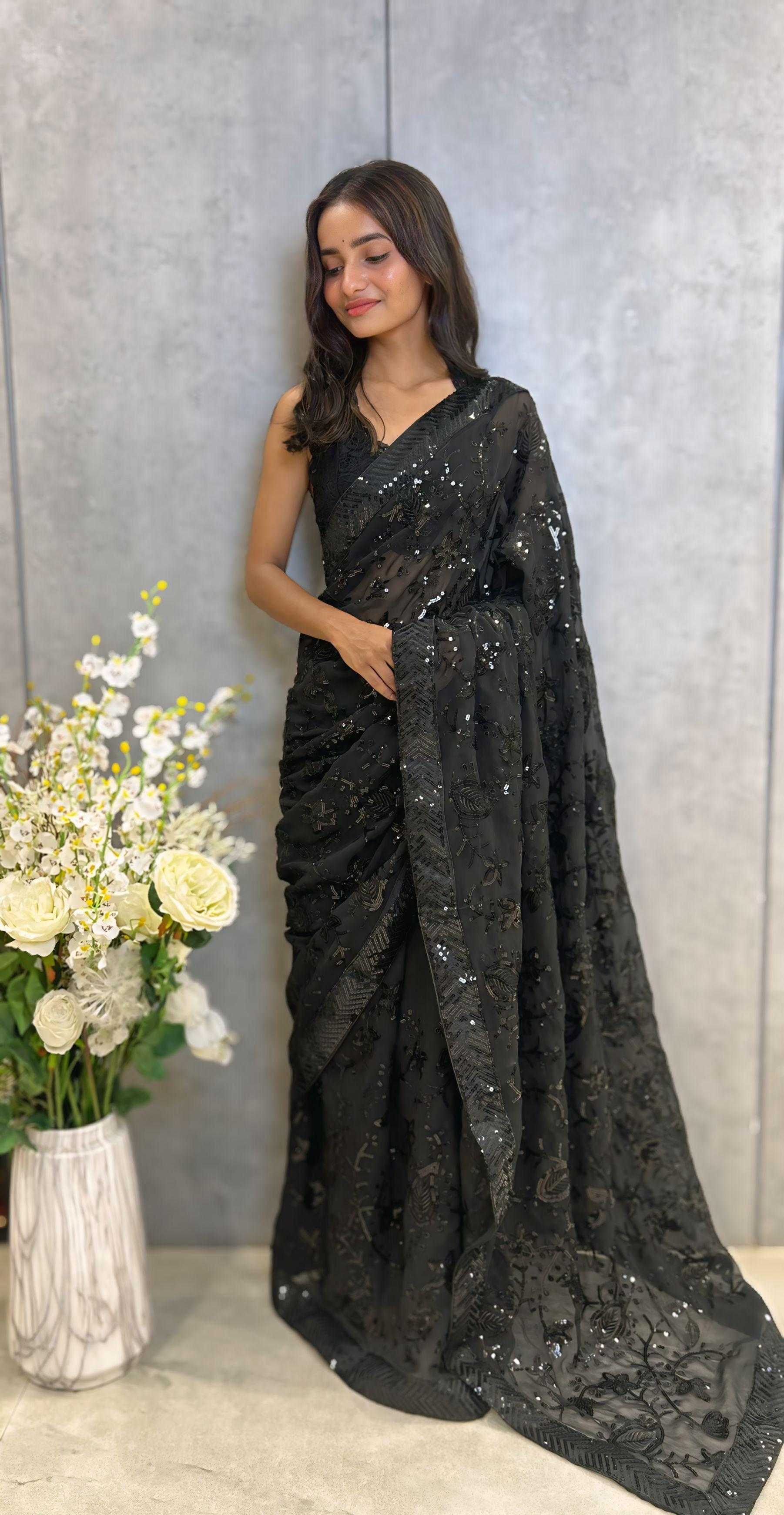 Heavy Georgette Saree with Beautiful Sequence Embroidery & Sequins Lace Border, Paired with Mono Banglori Blouse – Elegant & Stylish