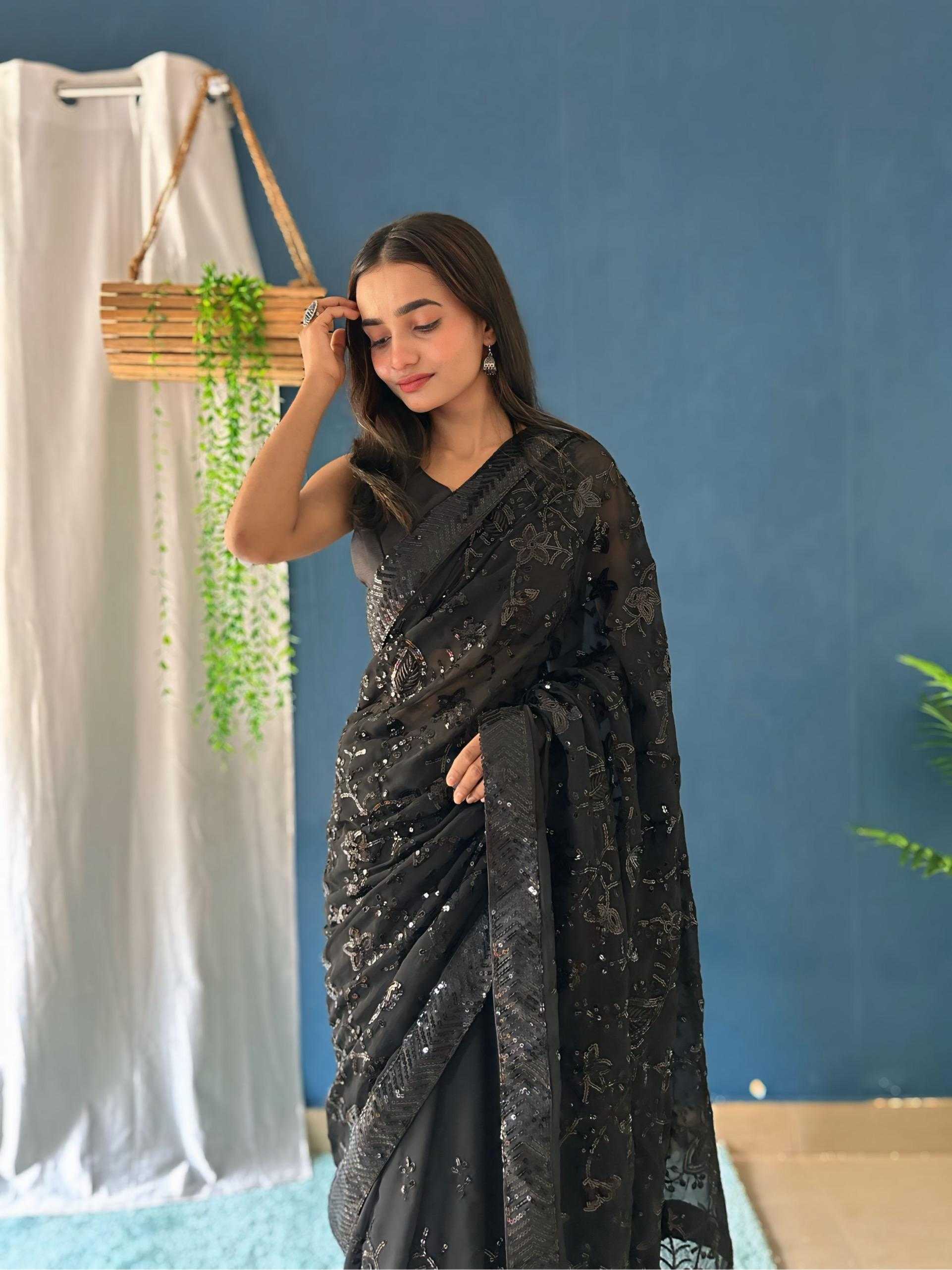 Heavy Georgette Saree with Beautiful Sequence Embroidery & Sequins Lace Border, Paired with Mono Banglori Blouse – Elegant & Stylish
