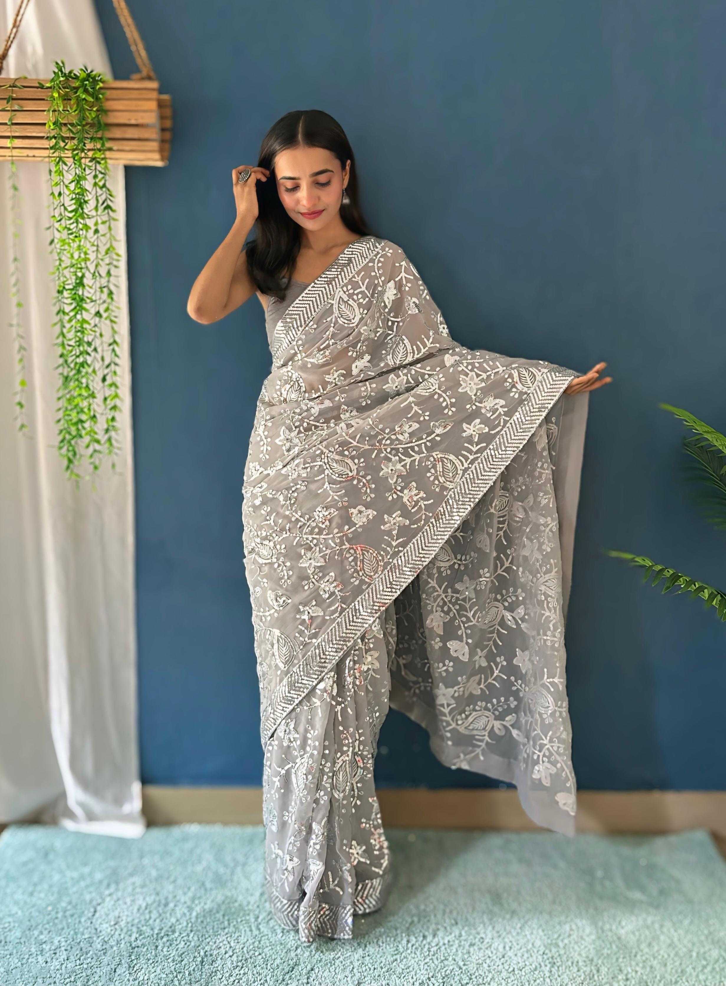 Heavy Georgette Saree with Beautiful Sequence Embroidery & Sequins Lace Border, Paired with Mono Banglori Blouse – Elegant & Stylish
