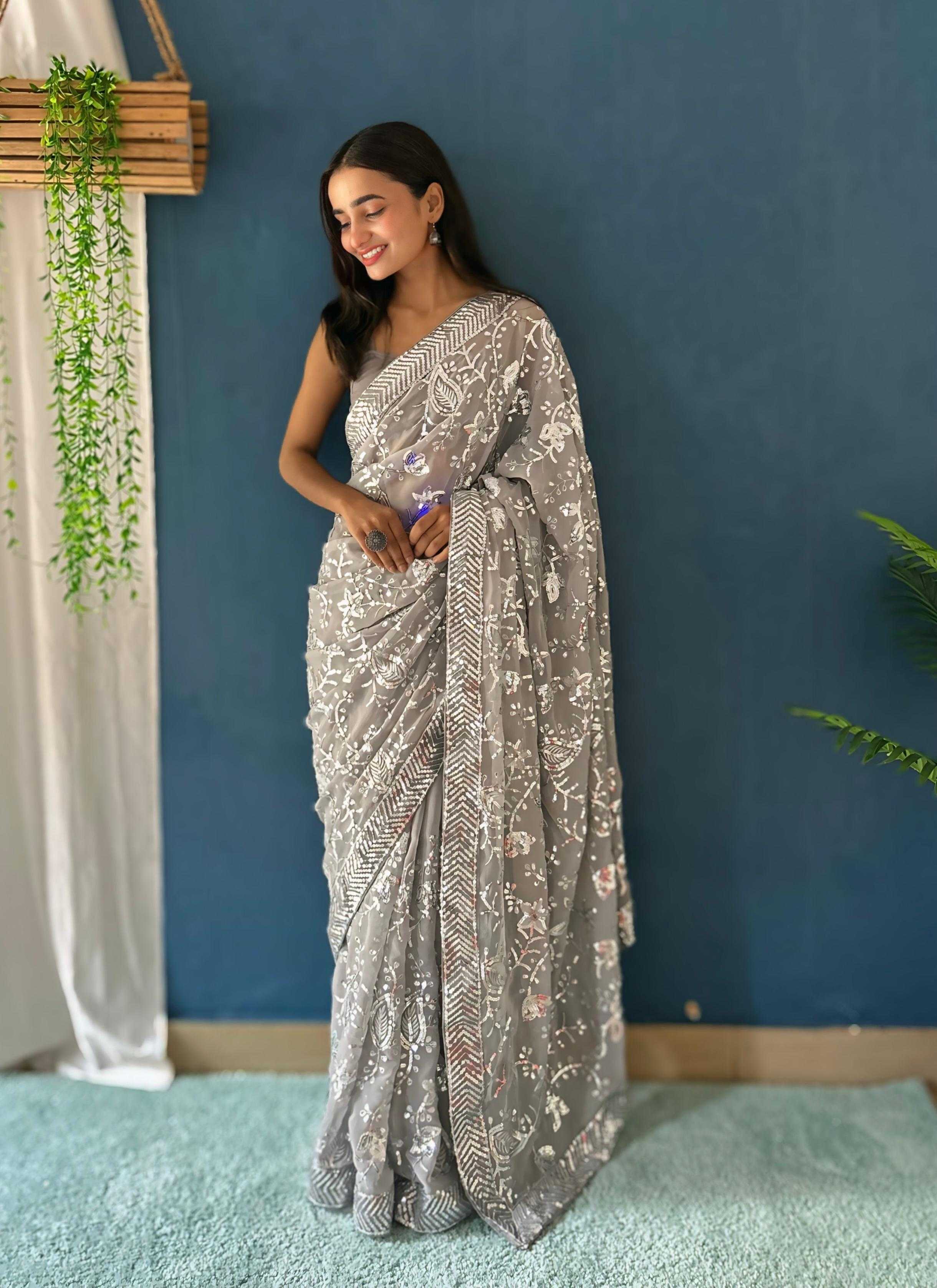 Heavy Georgette Saree with Beautiful Sequence Embroidery & Sequins Lace Border, Paired with Mono Banglori Blouse – Elegant & Stylish