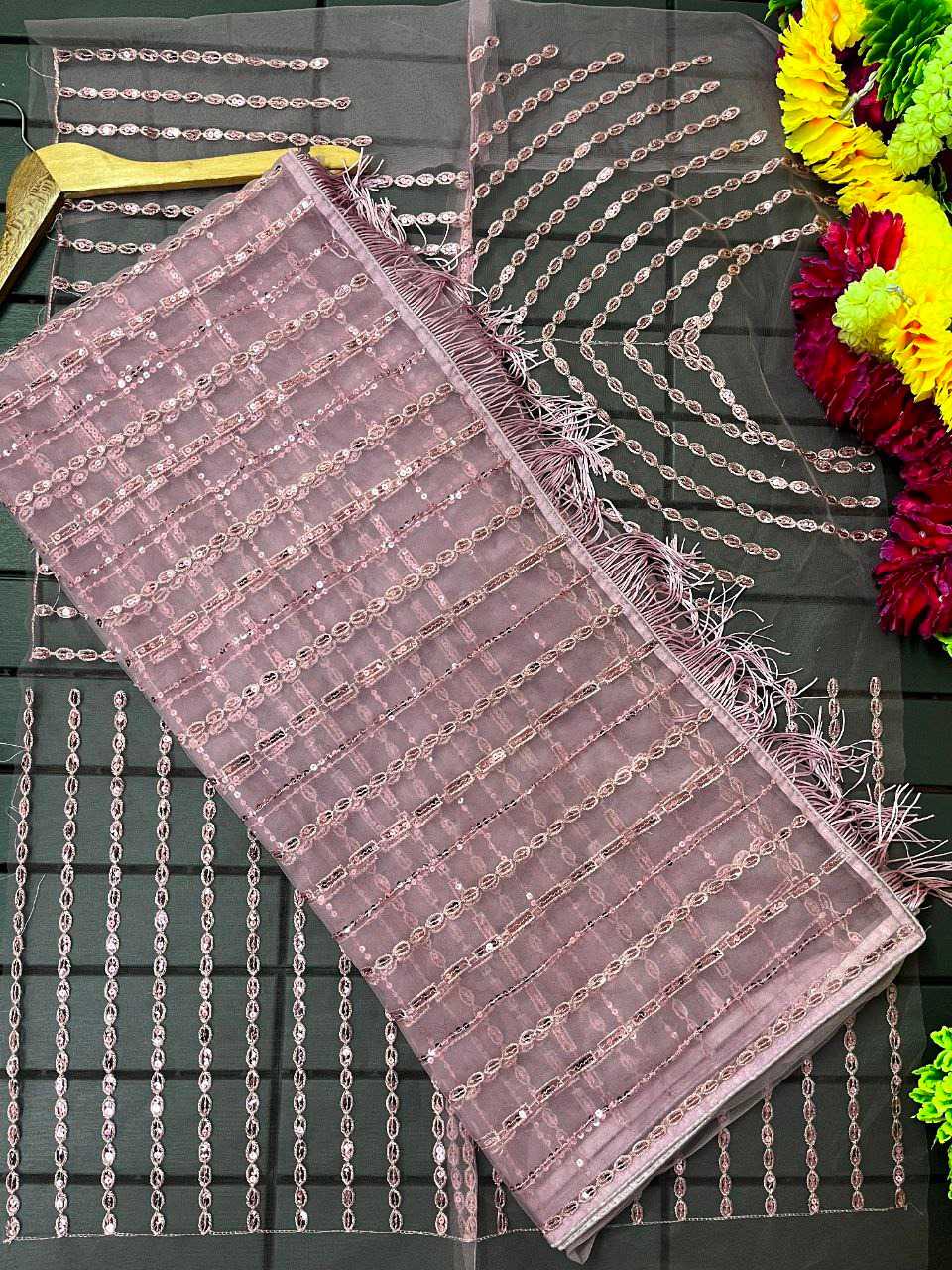 Designer Nylon Butterfly Net Saree with Fancy Multi & Sequin Work, Zalar Lace Border & Unstitched Heavy Work Blouse – 5.5m