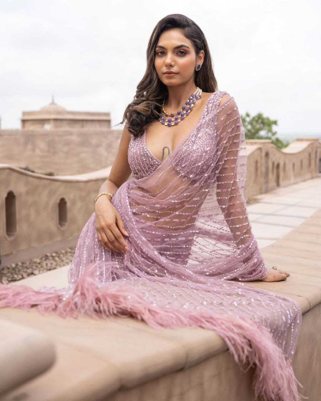 Designer Nylon Butterfly Net Saree with Fancy Multi & Sequin Work, Zalar Lace Border & Unstitched Heavy Work Blouse – 5.5m