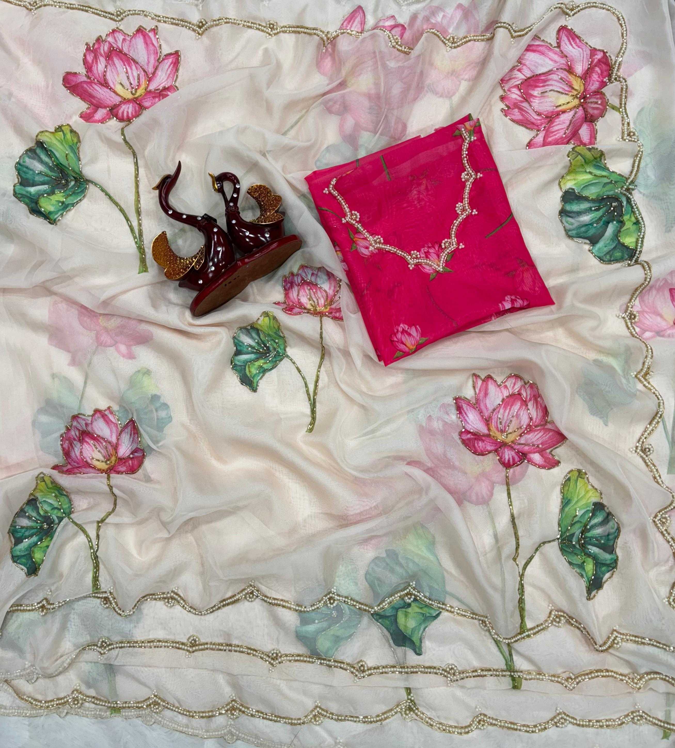 Soft Organza Saree with Floral Print, Beads & Katdana Handwork Border, Unstitched Blouse with Floral Print & Beadwork