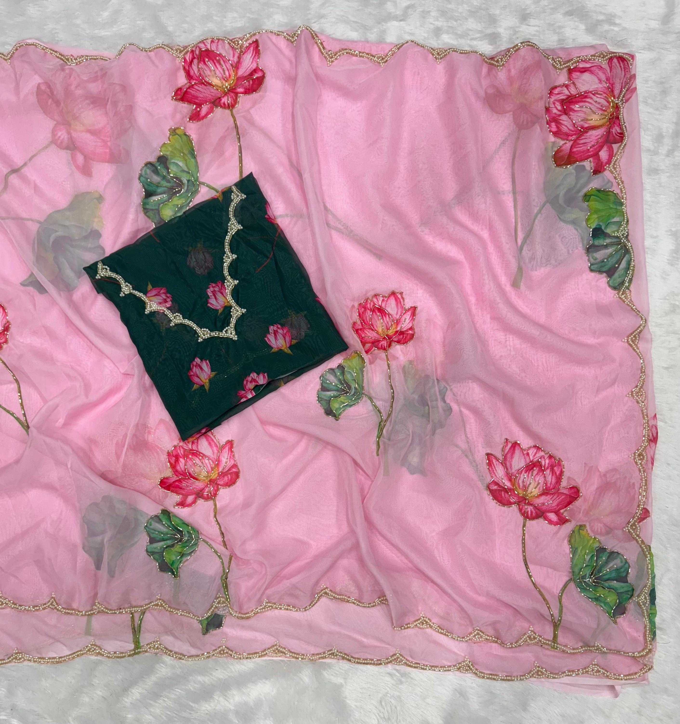 Soft Organza Saree with Floral Print, Beads & Katdana Handwork Border, Unstitched Blouse with Floral Print & Beadwork