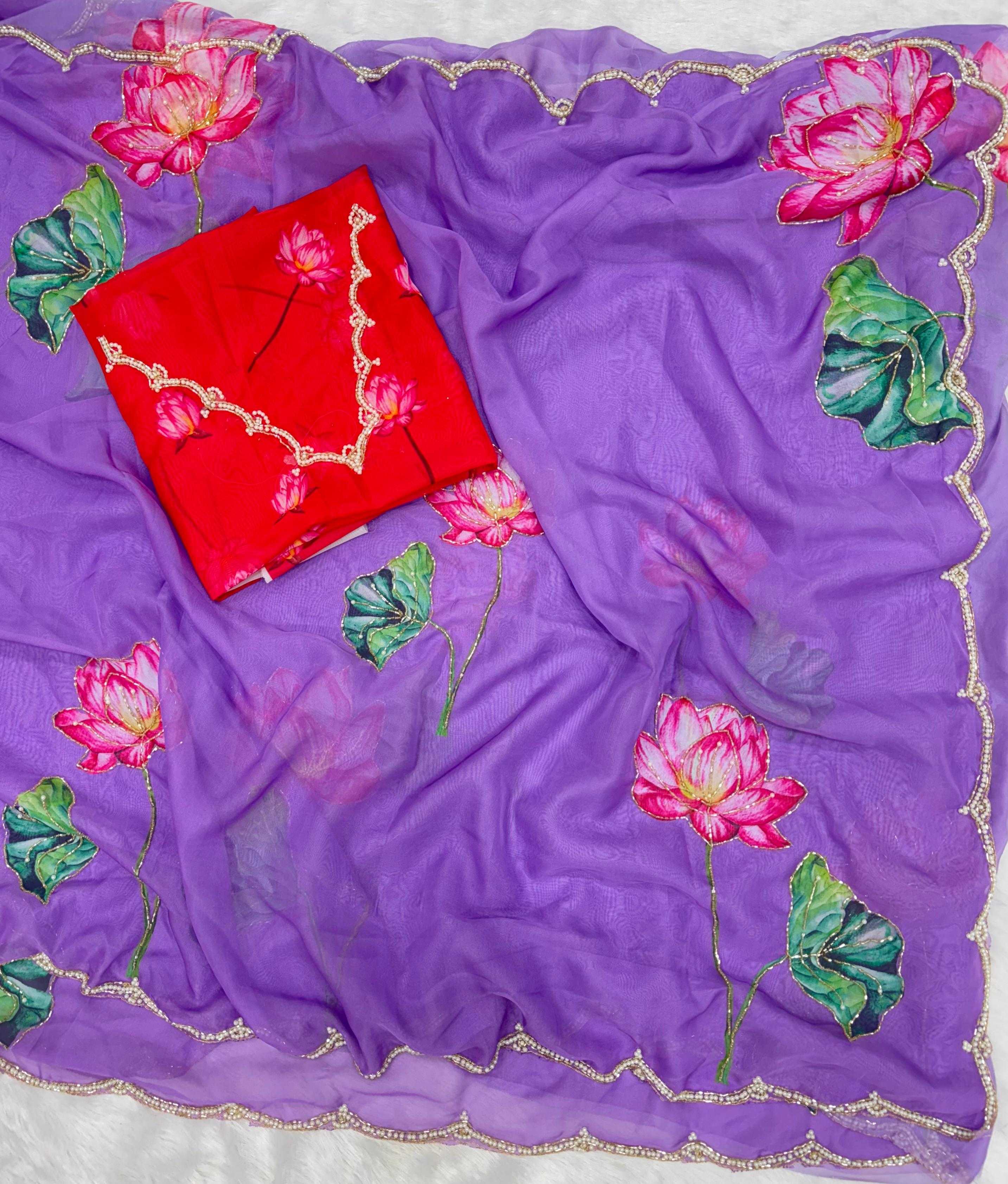 Soft Organza Saree with Floral Print, Beads & Katdana Handwork Border, Unstitched Blouse with Floral Print & Beadwork