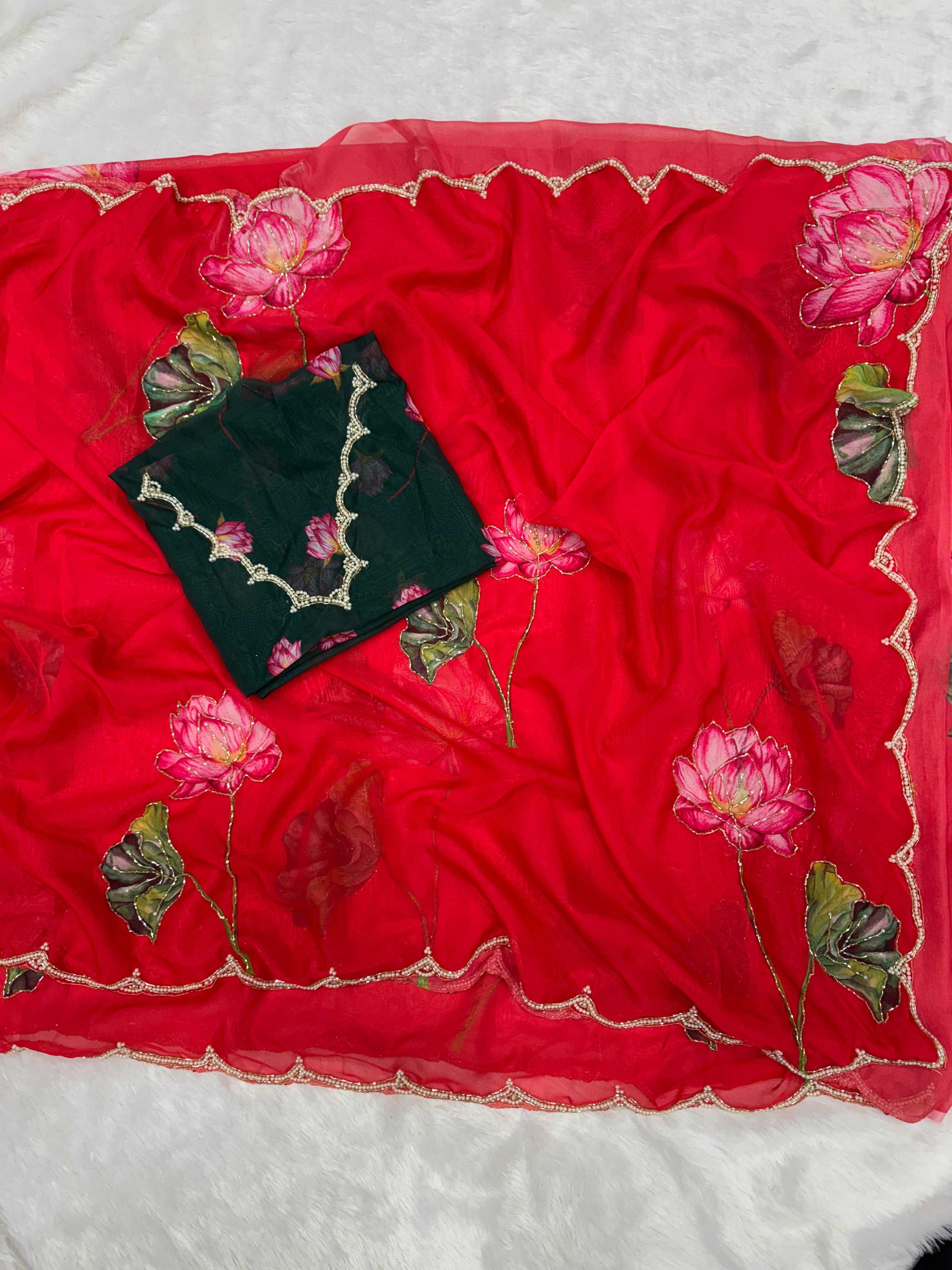Soft Organza Saree with Floral Print, Beads & Katdana Handwork Border, Unstitched Blouse with Floral Print & Beadwork