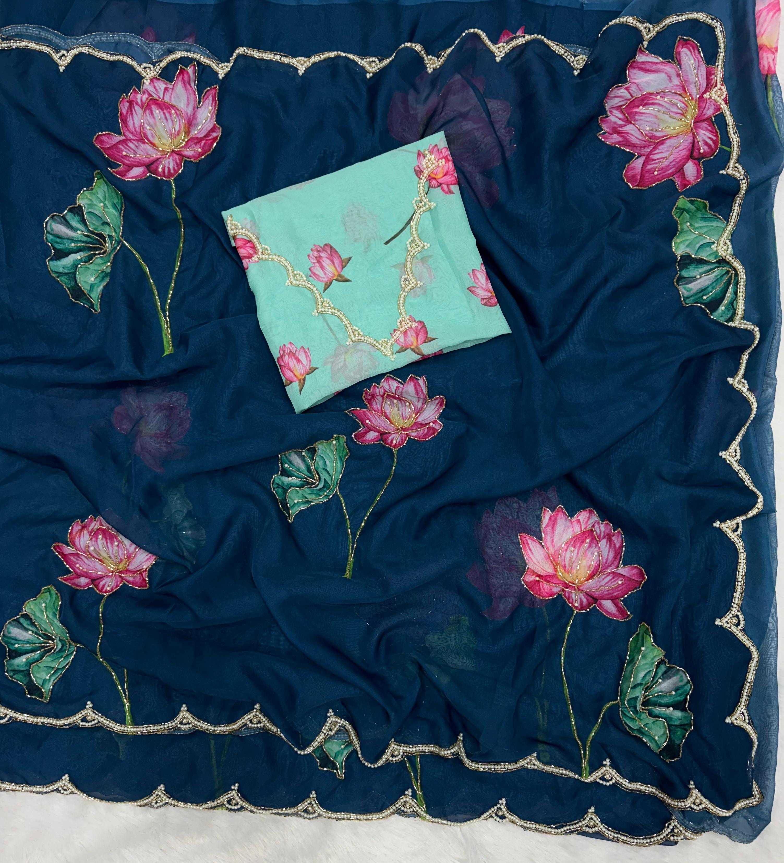 Soft Organza Saree with Floral Print, Beads & Katdana Handwork Border, Unstitched Blouse with Floral Print & Beadwork