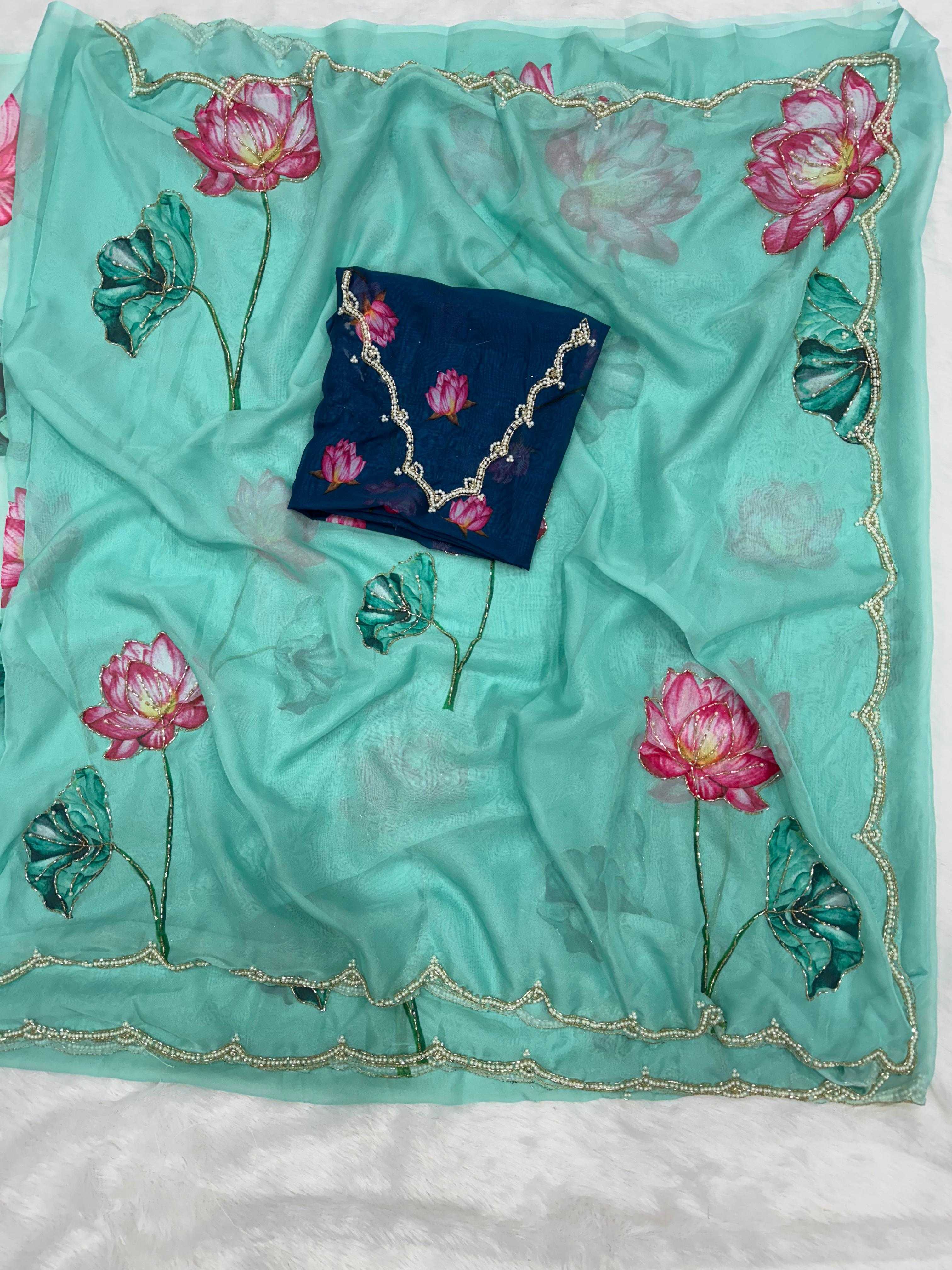 Soft Organza Saree with Floral Print, Beads & Katdana Handwork Border, Unstitched Blouse with Floral Print & Beadwork