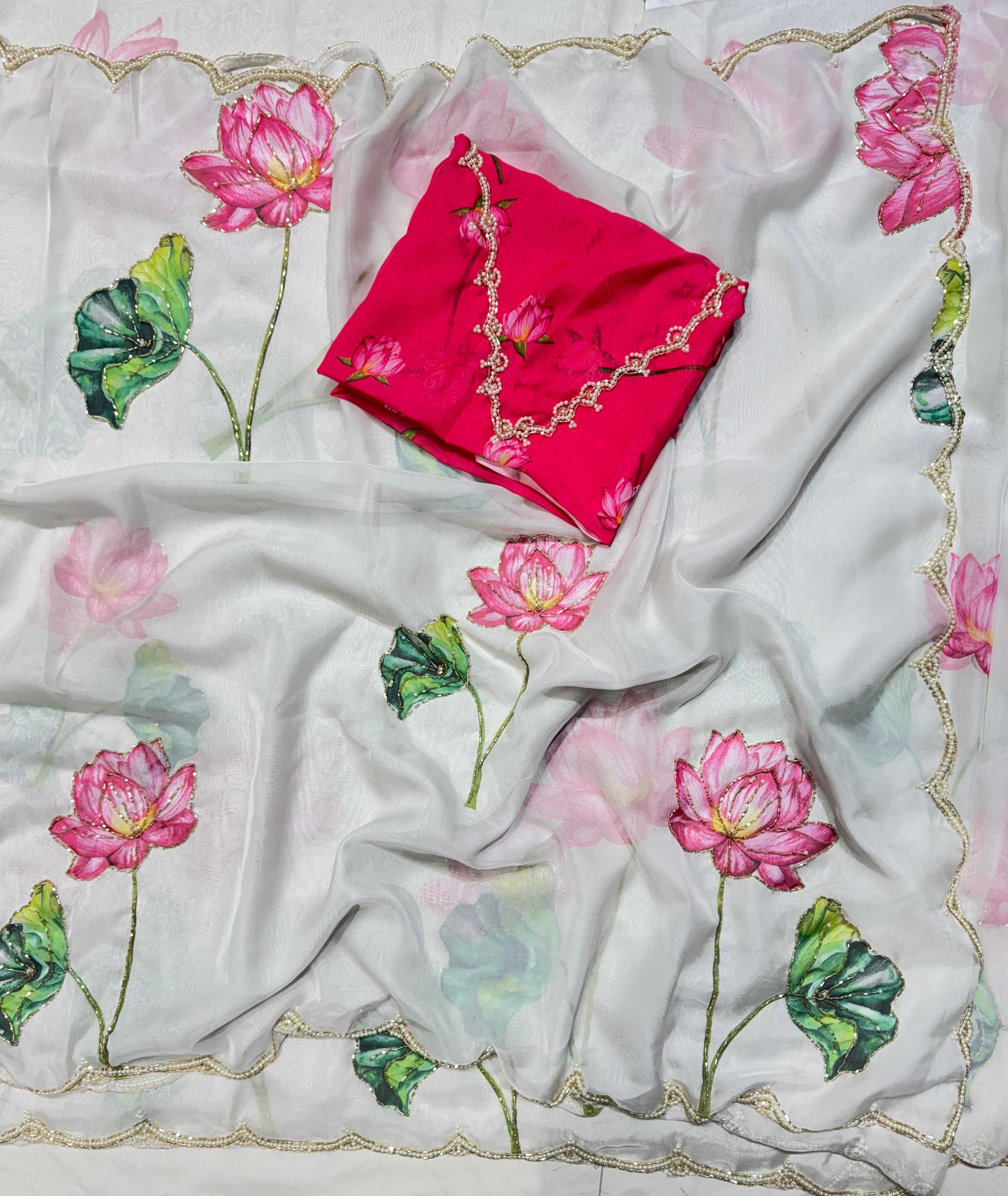 Soft Organza Saree with Floral Print, Beads & Katdana Handwork Border, Unstitched Blouse with Floral Print & Beadwork