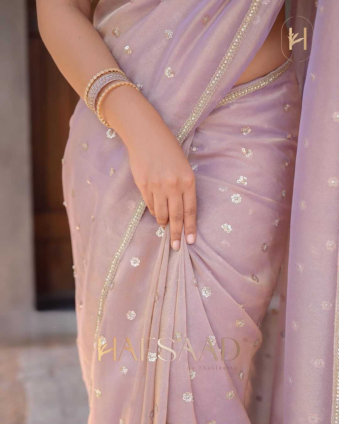 Gold Flame Saree with Sequins Embroidery Work & Fancy Lace Border + Silk Blouse with Full Stitched Sequins Embroidery – Elegant & Stylish
