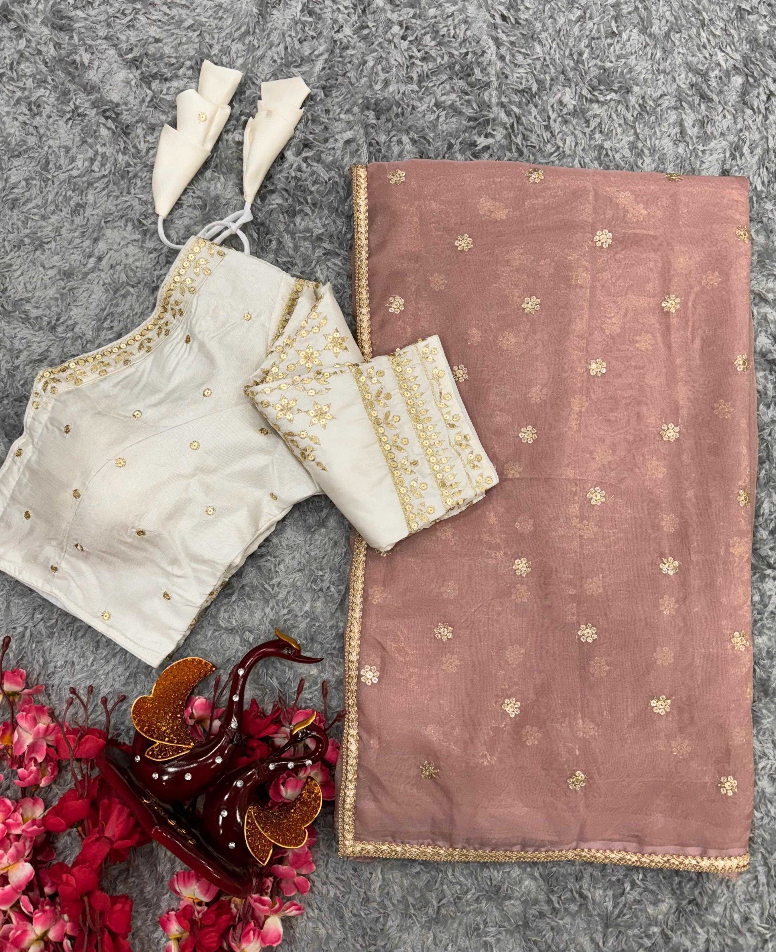 Gold Flame Saree with Sequins Embroidery Work & Fancy Lace Border + Silk Blouse with Full Stitched Sequins Embroidery – Elegant & Stylish
